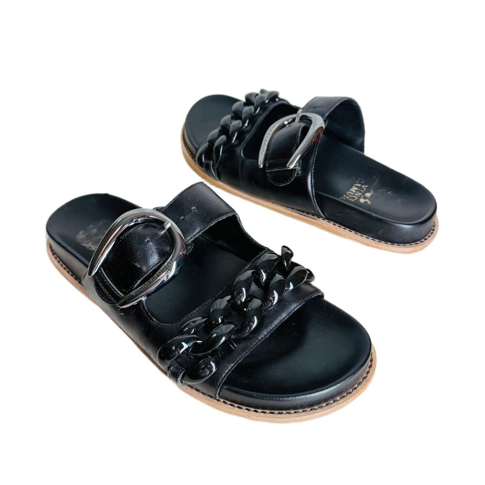 Vince Camuto Kennedys Sandals 9.5 Black Leather Shoes Chunky Chain Detail